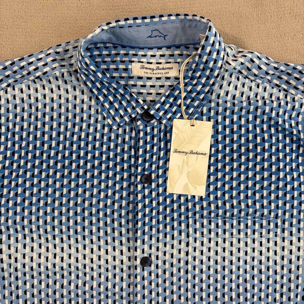 Tommy Bahama Veracruz Cay Ombré Geometric Shirt Men XL Blue Short‎ Sleeve NWT